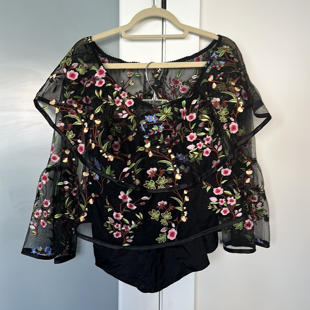 Free people set. Sheer off the shoulder top and matching black shorts